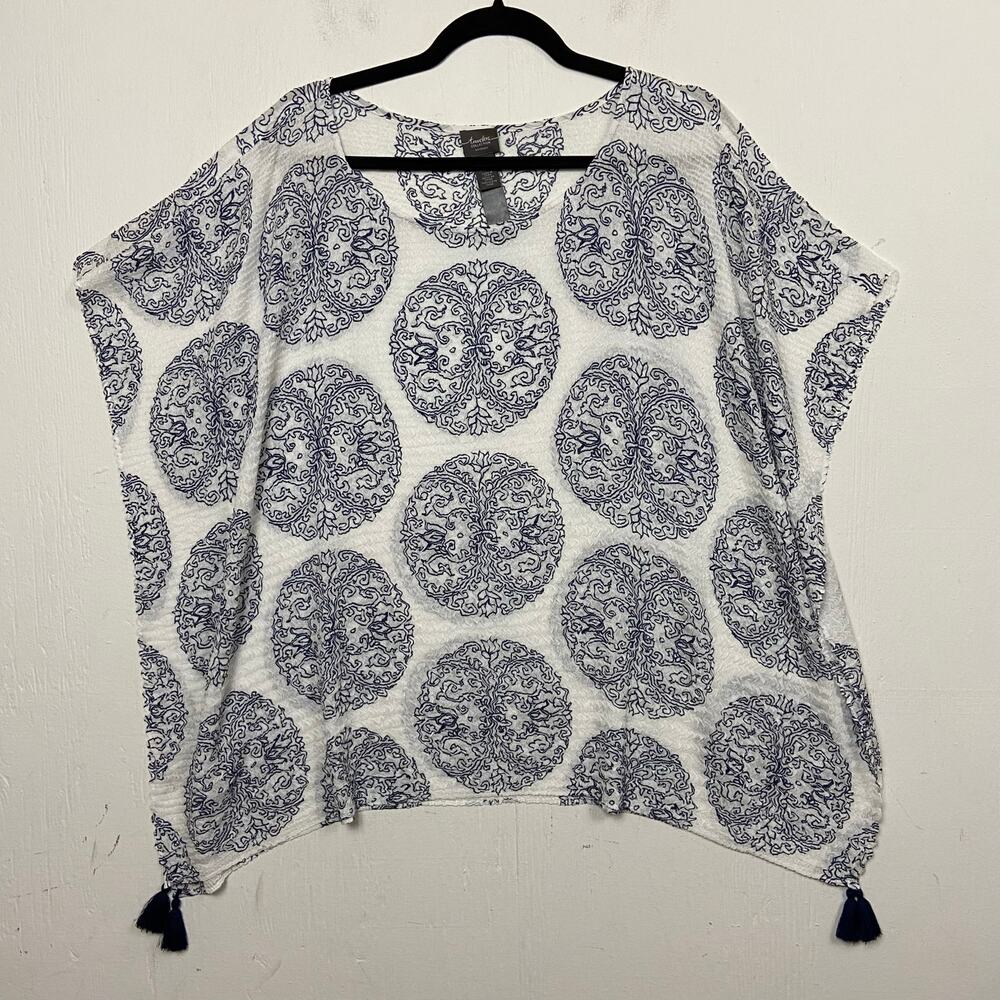 Chico's Travelers Women's Blue White Boho Poncho Tunic Pullover Top Size S/M